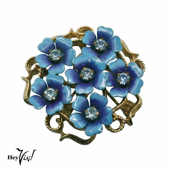 Vintage Avon Flower Pin Brooch Pendant Blue Enamel Flowers Rhinestones - Hey Viv - Picture 1 of 4